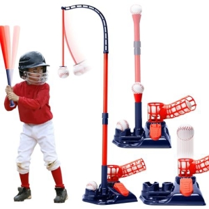3-in-1 Baseball Set for Kids: Hanging Batting Tee + T Ball Stand Set Auto Ball Launcher for Toddlers & Youth Adjustable Height with 6 Balls 2 Bats Out